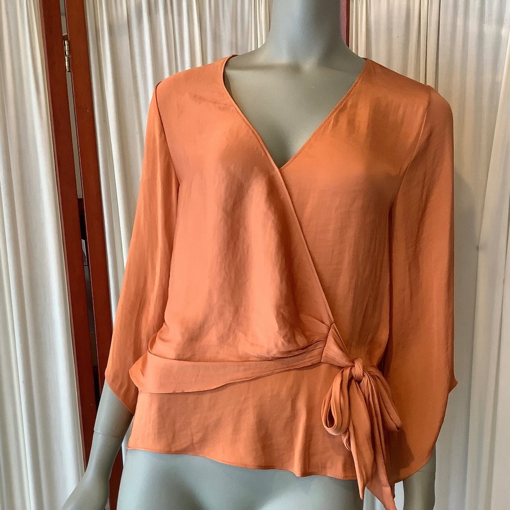 Naked Zebra Womens Wrap Top With Bell Sleeves Rusty Orange Silky Look Small